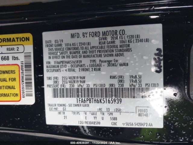 Photo 8 VIN: 1FA6P8TH6K5165939 - FORD MUSTANG 