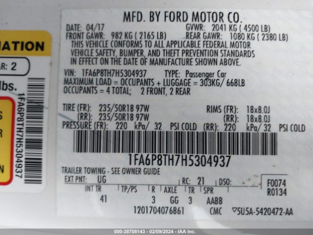 Photo 8 VIN: 1FA6P8TH7H5304937 - FORD MUSTANG 