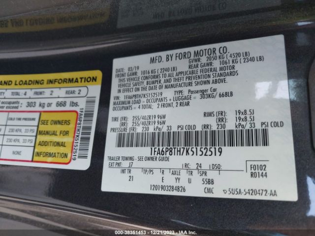 Photo 8 VIN: 1FA6P8TH7K5152519 - FORD MUSTANG 