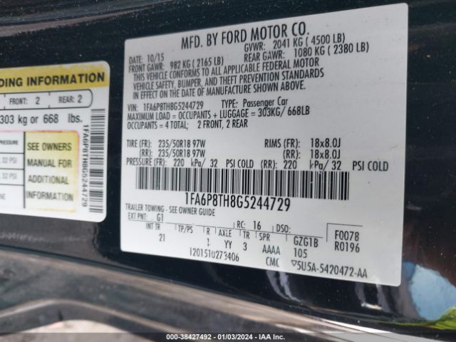 Photo 8 VIN: 1FA6P8TH8G5244729 - FORD MUSTANG 