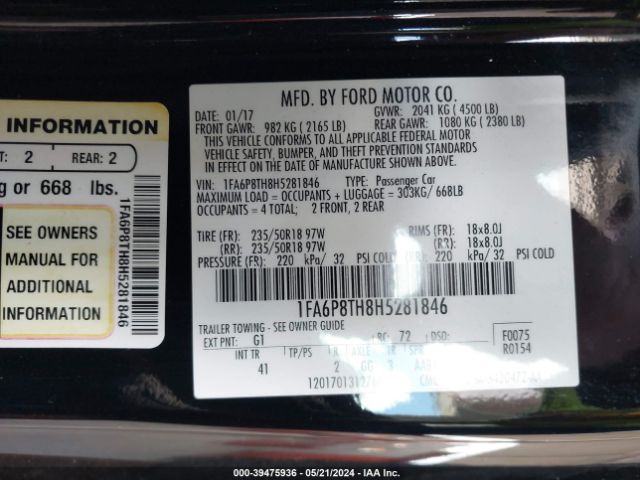 Photo 8 VIN: 1FA6P8TH8H5281846 - FORD MUSTANG 