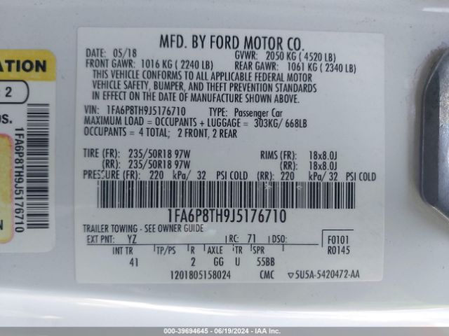 Photo 8 VIN: 1FA6P8TH9J5176710 - FORD MUSTANG 