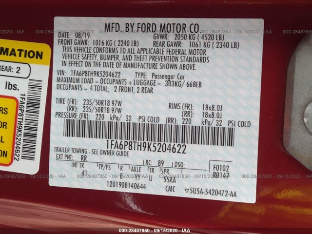 Photo 8 VIN: 1FA6P8TH9K5204622 - FORD MUSTANG 