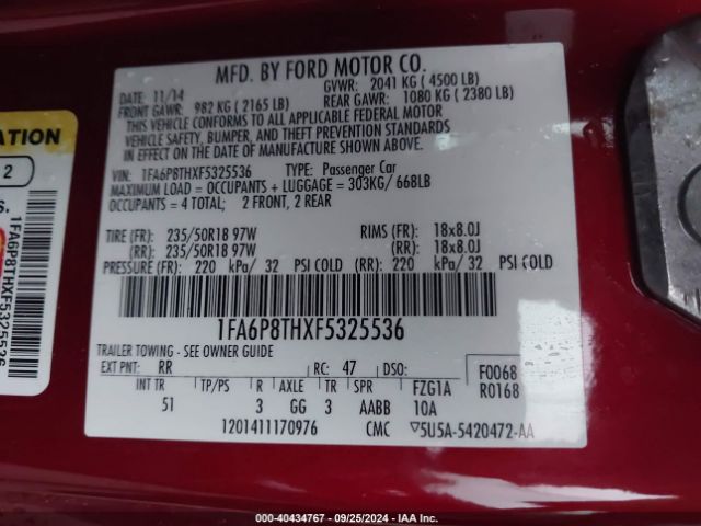 Photo 8 VIN: 1FA6P8THXF5325536 - FORD MUSTANG 