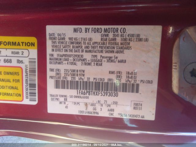 Photo 8 VIN: 1FA6P8THXF5393030 - FORD MUSTANG 