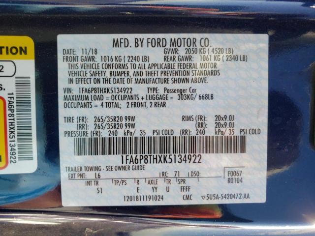 Photo 9 VIN: 1FA6P8THXK5134922 - FORD MUSTANG 