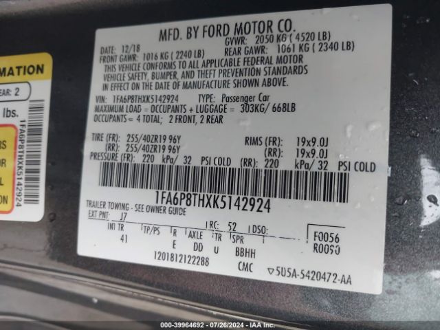 Photo 8 VIN: 1FA6P8THXK5142924 - FORD MUSTANG 