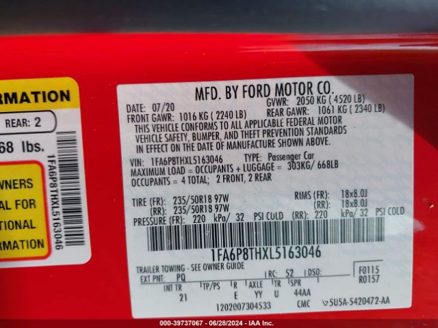 Photo 8 VIN: 1FA6P8THXL5163046 - FORD MUSTANG 