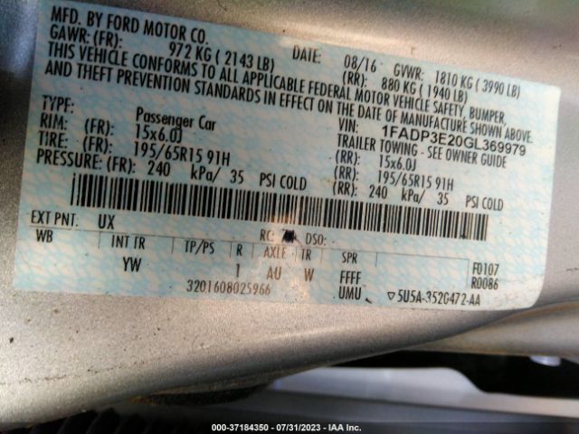 Photo 8 VIN: 1FADP3E20GL369979 - FORD FOCUS 