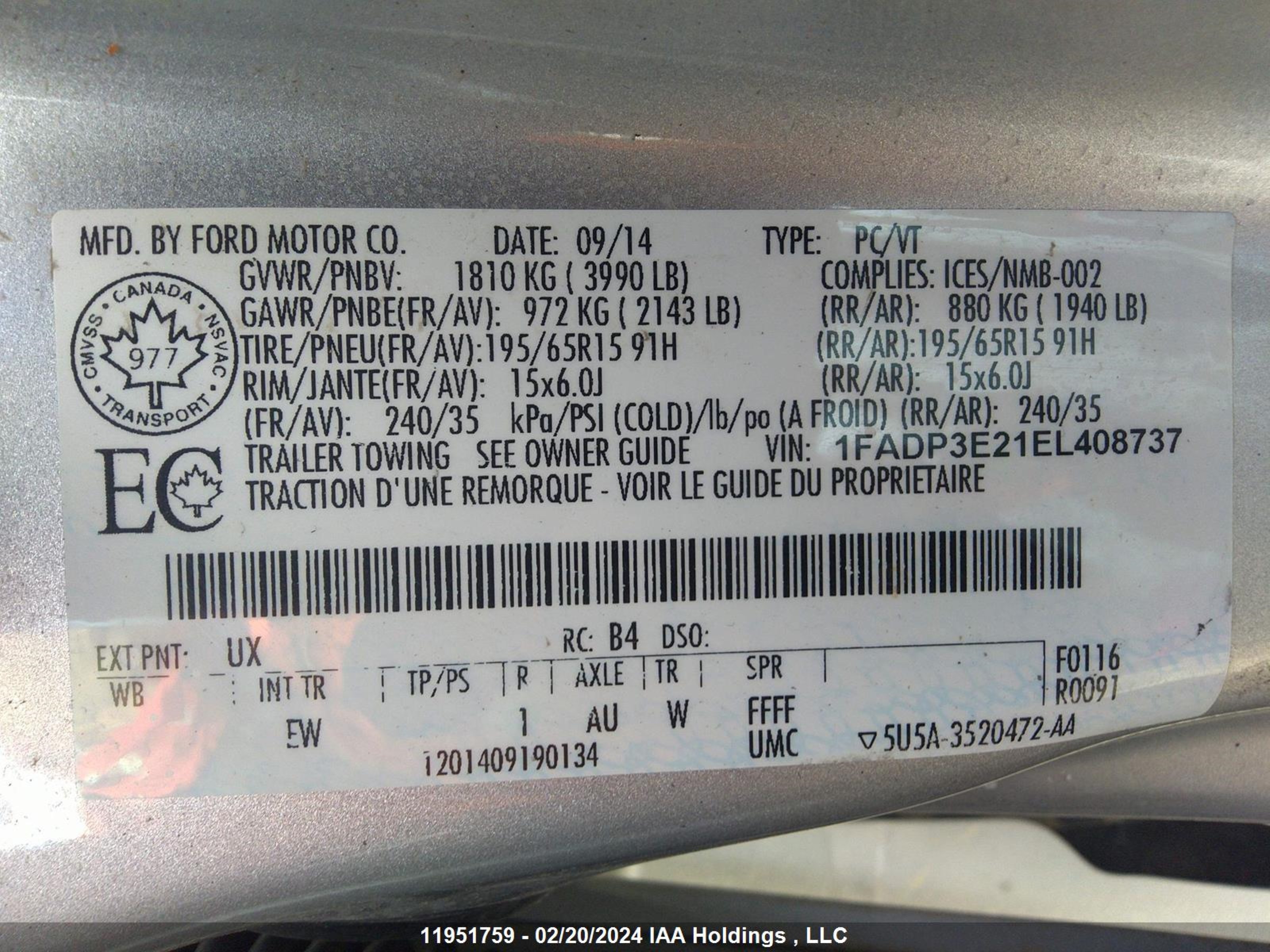 Photo 8 VIN: 1FADP3E21EL408737 - FORD FOCUS 