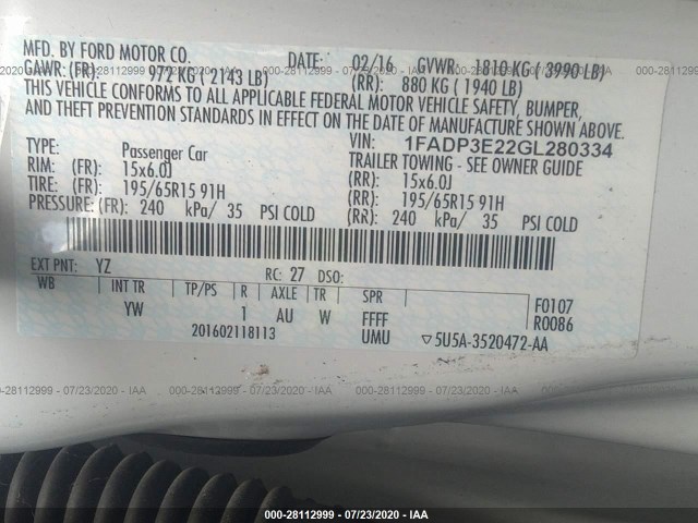 Photo 8 VIN: 1FADP3E22GL280334 - FORD FOCUS 