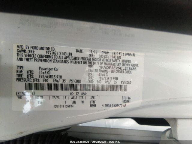 Photo 8 VIN: 1FADP3E25EL218486 - FORD FOCUS 