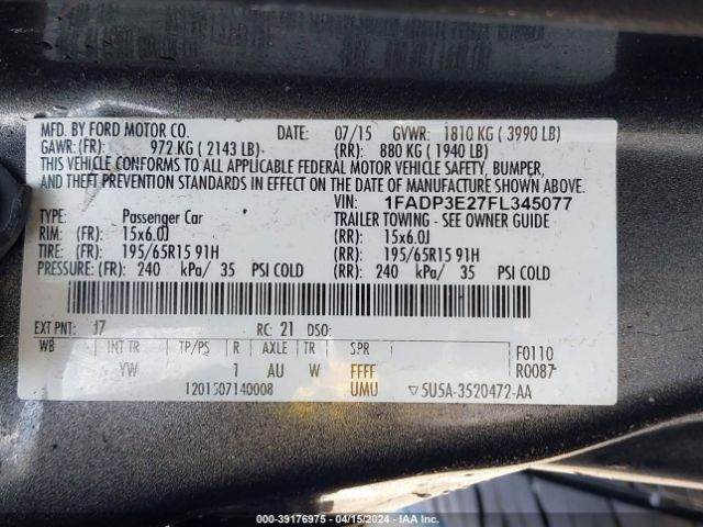 Photo 8 VIN: 1FADP3E27FL345077 - FORD FOCUS 