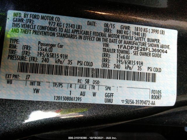 Photo 8 VIN: 1FADP3E28FL369064 - FORD FOCUS 