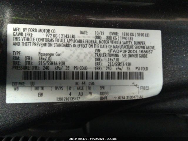 Photo 8 VIN: 1FADP3F20DL168657 - FORD FOCUS 