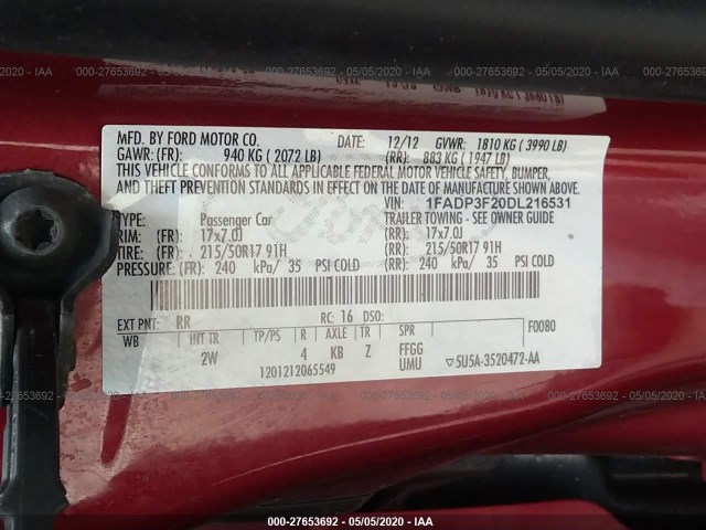 Photo 8 VIN: 1FADP3F20DL216531 - FORD FOCUS 