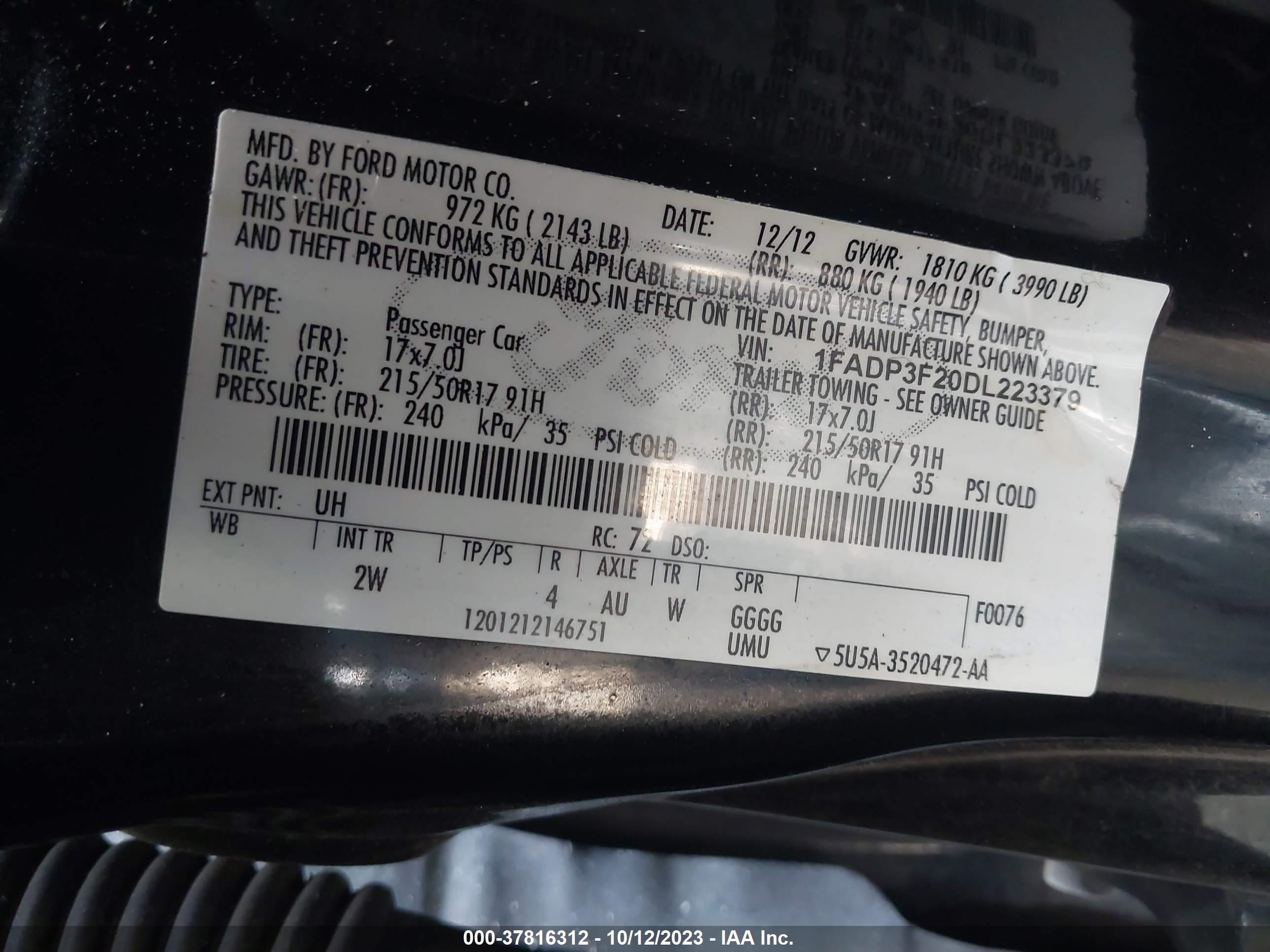 Photo 8 VIN: 1FADP3F20DL223379 - FORD FOCUS 