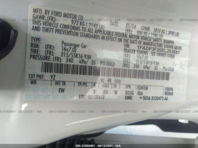 Photo 8 VIN: 1FADP3F20EL253581 - FORD FOCUS 