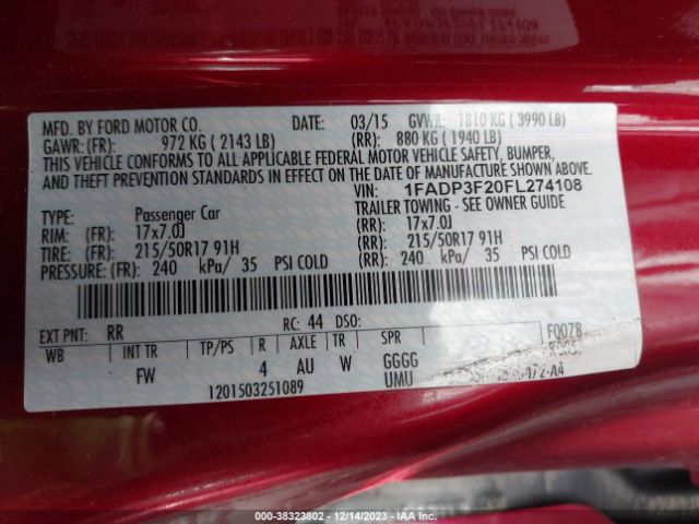 Photo 8 VIN: 1FADP3F20FL274108 - FORD FOCUS 