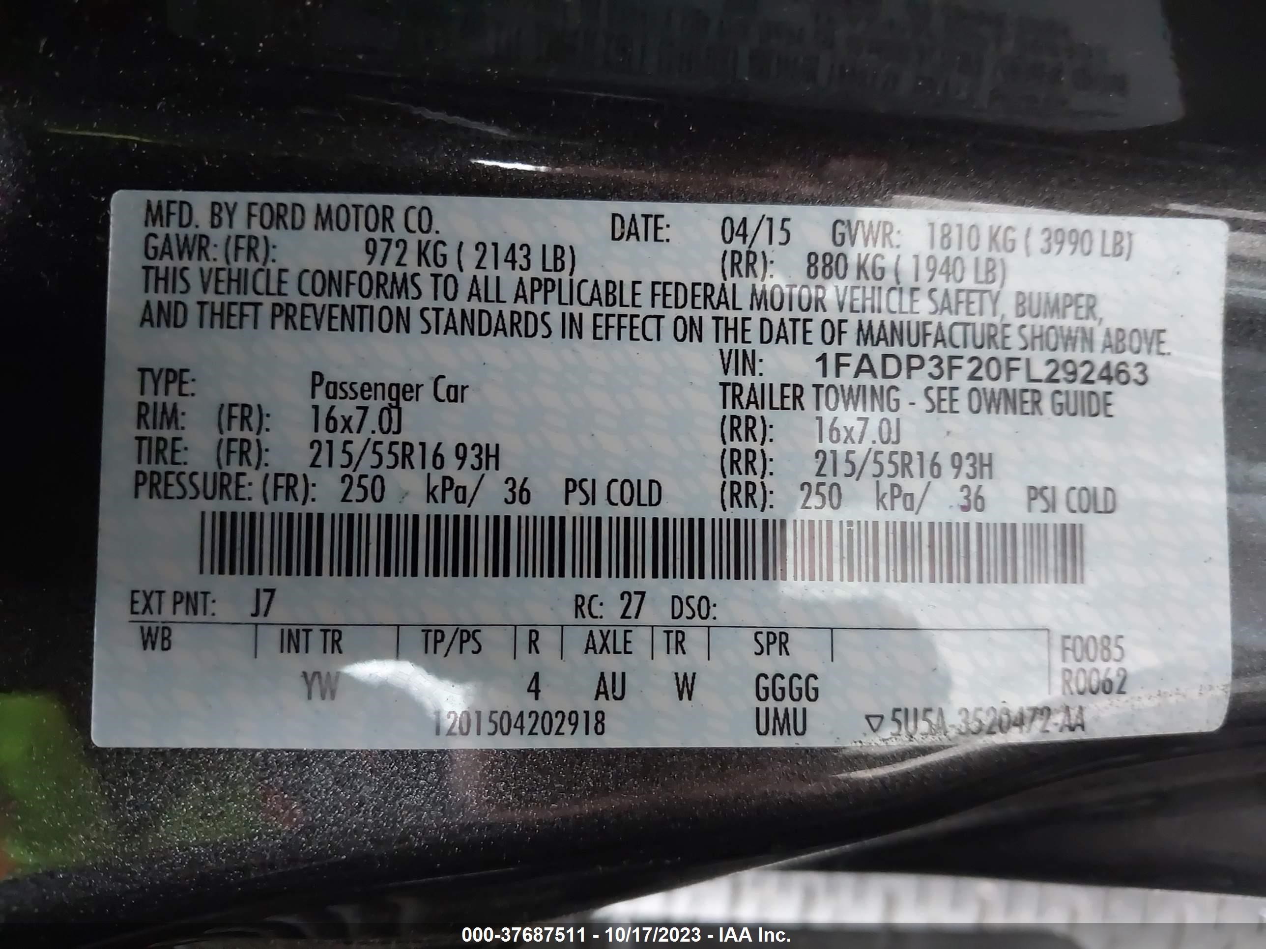 Photo 8 VIN: 1FADP3F20FL292463 - FORD FOCUS 