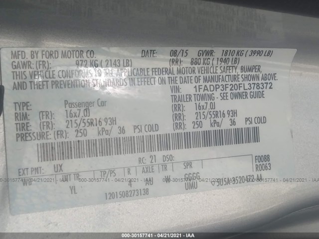 Photo 8 VIN: 1FADP3F20FL378372 - FORD FOCUS 