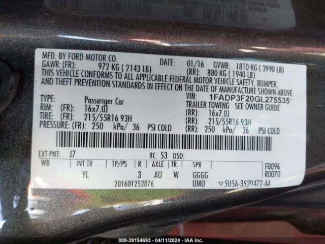 Photo 8 VIN: 1FADP3F20GL275535 - FORD FOCUS 