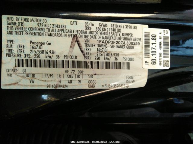 Photo 8 VIN: 1FADP3F20GL338259 - FORD FOCUS 