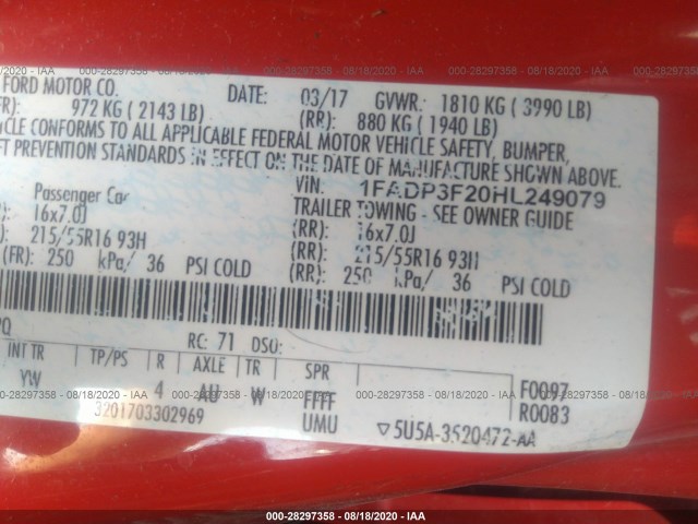 Photo 8 VIN: 1FADP3F20HL249079 - FORD FOCUS 