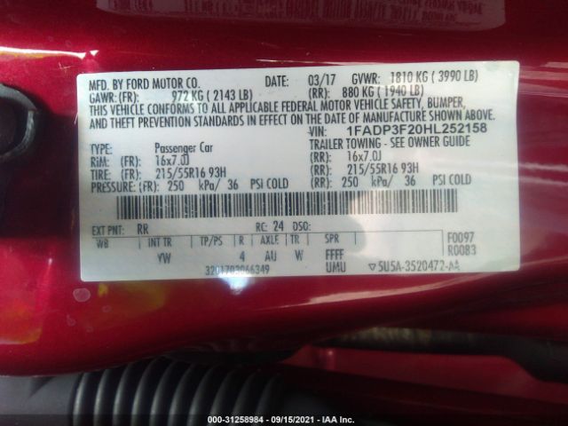 Photo 8 VIN: 1FADP3F20HL252158 - FORD FOCUS 