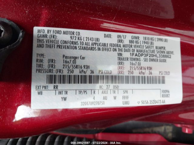 Photo 8 VIN: 1FADP3F20HL338862 - FORD FOCUS 