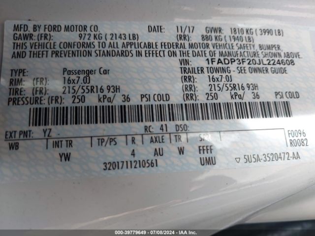 Photo 8 VIN: 1FADP3F20JL224608 - FORD FOCUS 