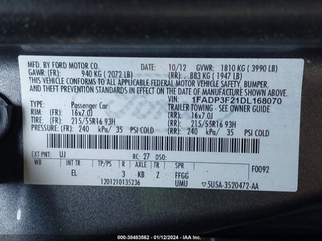 Photo 8 VIN: 1FADP3F21DL168070 - FORD FOCUS 