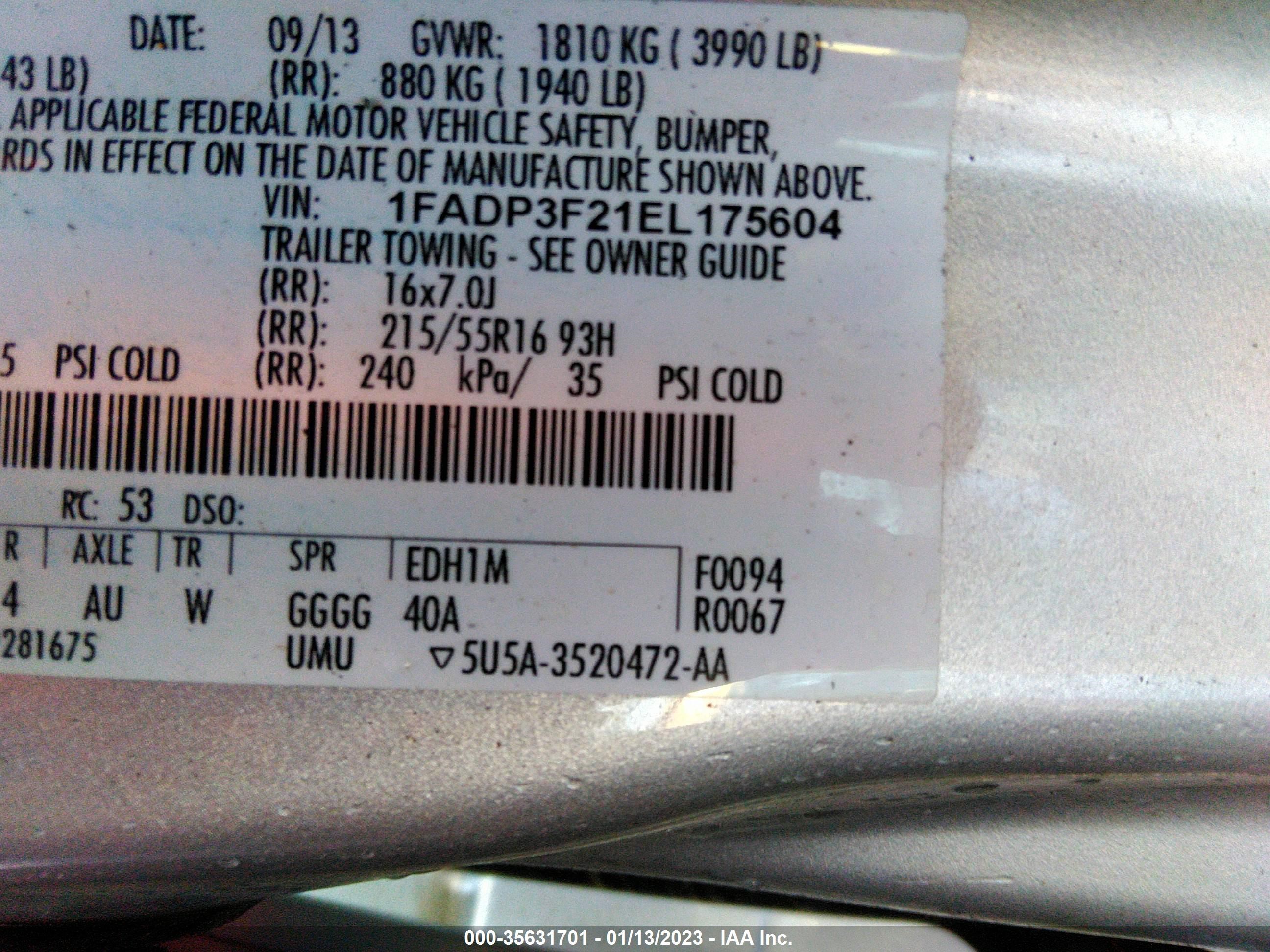 Photo 8 VIN: 1FADP3F21EL175604 - FORD FOCUS 