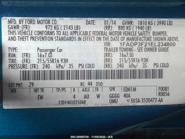 Photo 8 VIN: 1FADP3F21EL234800 - FORD FOCUS 