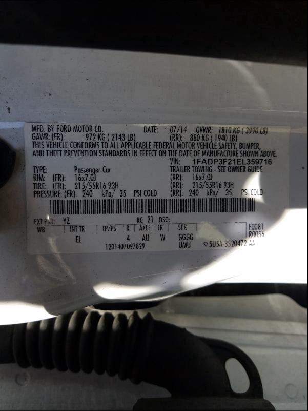 Photo 9 VIN: 1FADP3F21EL359716 - FORD FOCUS SE 