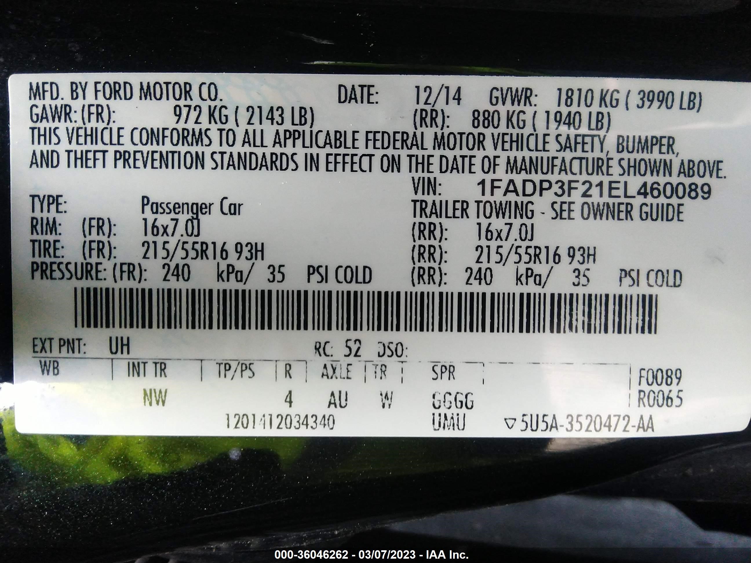 Photo 8 VIN: 1FADP3F21EL460089 - FORD FOCUS 