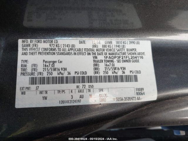 Photo 8 VIN: 1FADP3F21FL204116 - FORD FOCUS 