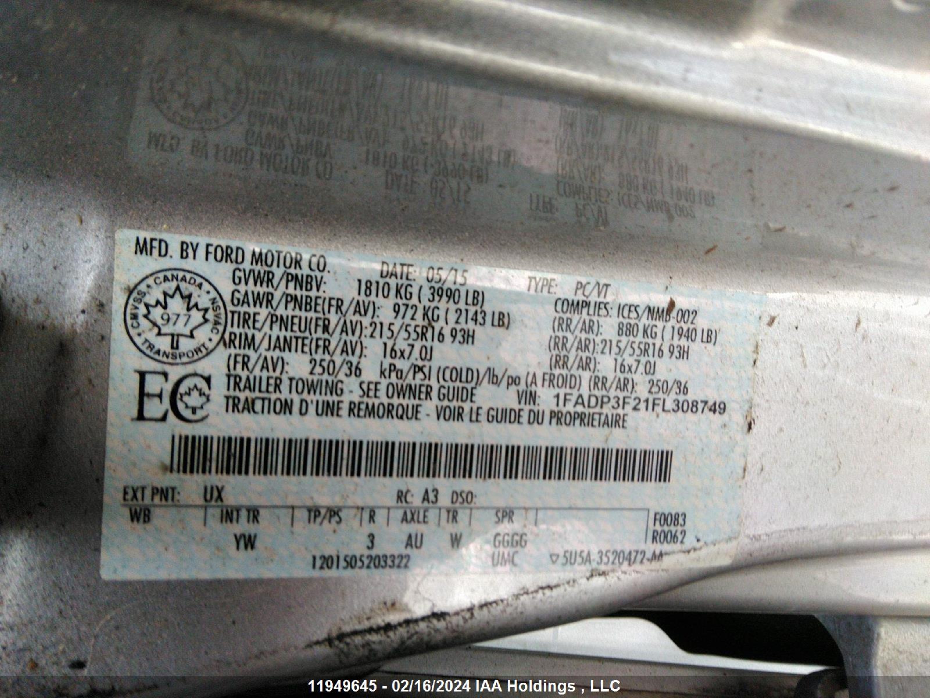 Photo 8 VIN: 1FADP3F21FL308749 - FORD FOCUS 