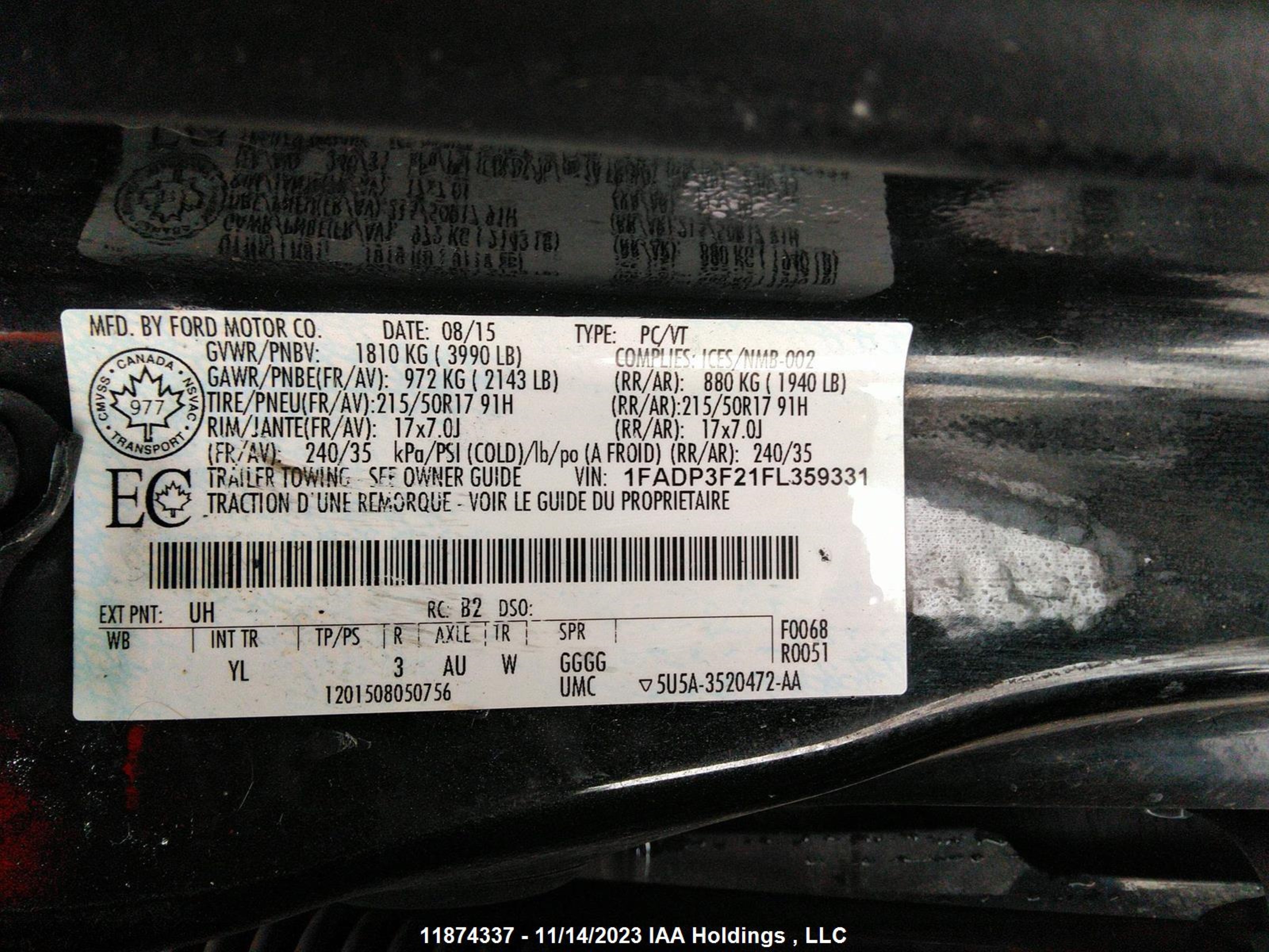 Photo 8 VIN: 1FADP3F21FL359331 - FORD FOCUS 