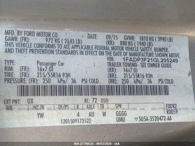 Photo 8 VIN: 1FADP3F21GL205249 - FORD FOCUS 