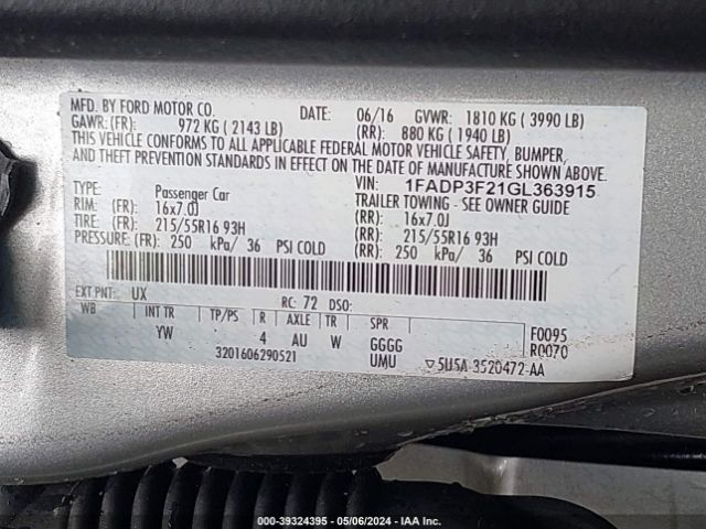 Photo 8 VIN: 1FADP3F21GL363915 - FORD FOCUS 