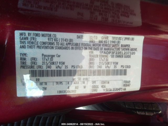 Photo 8 VIN: 1FADP3F22EL237320 - FORD FOCUS 