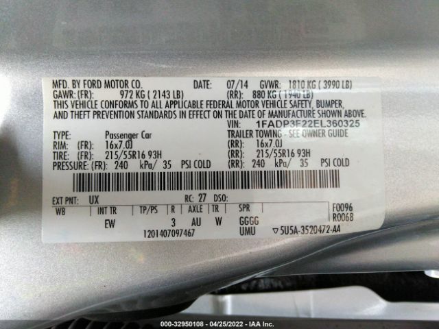 Photo 8 VIN: 1FADP3F22EL360325 - FORD FOCUS 