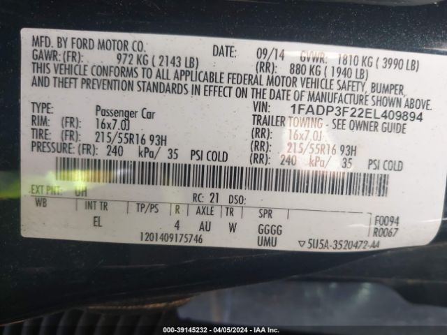 Photo 8 VIN: 1FADP3F22EL409894 - FORD FOCUS 