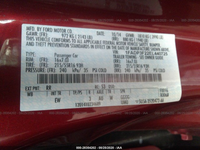 Photo 8 VIN: 1FADP3F22EL440725 - FORD FOCUS 