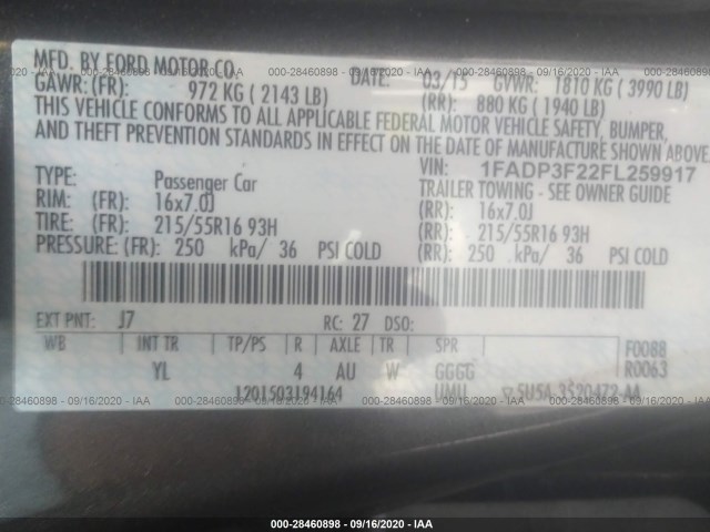 Photo 8 VIN: 1FADP3F22FL259917 - FORD FOCUS 