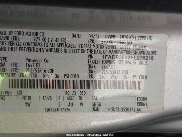 Photo 8 VIN: 1FADP3F22FL276216 - FORD FOCUS 