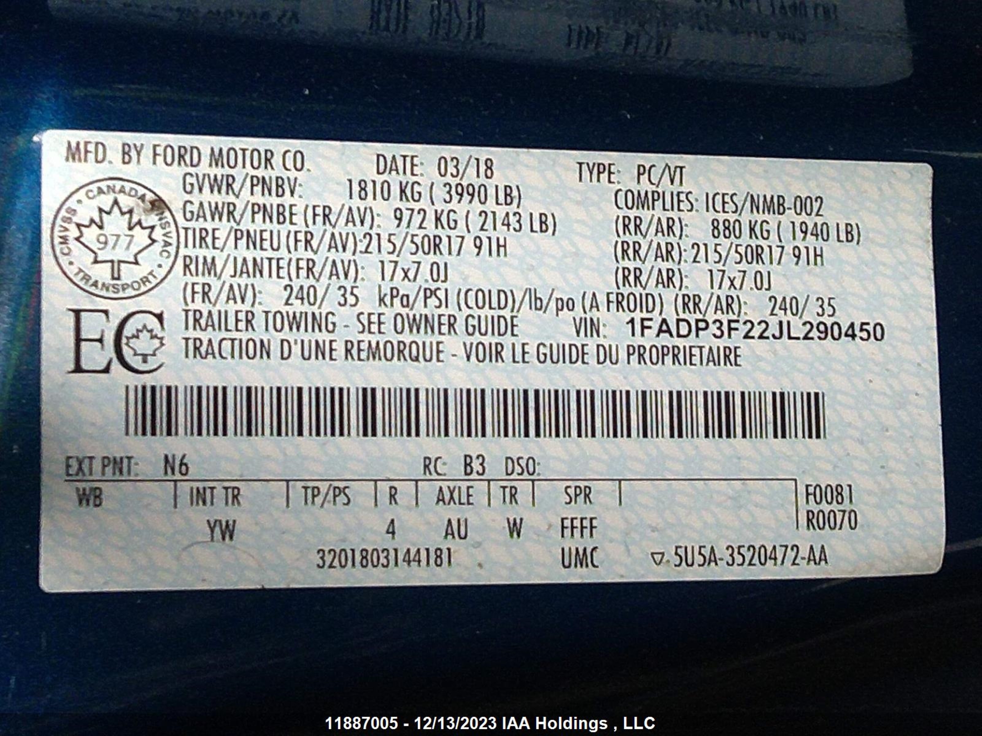 Photo 8 VIN: 1FADP3F22JL290450 - FORD FOCUS 