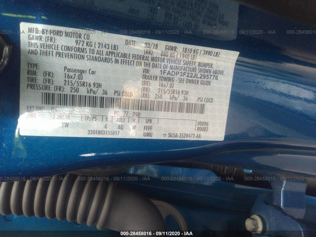 Photo 8 VIN: 1FADP3F22JL295776 - FORD FOCUS 