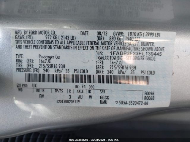 Photo 8 VIN: 1FADP3F23EL139445 - FORD FOCUS 